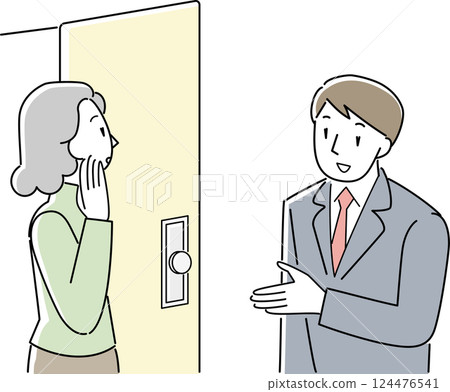 穿著西裝的老年婦女和男子在前門交談 穿著西裝的老年婦女和男子在前門交談 124476541