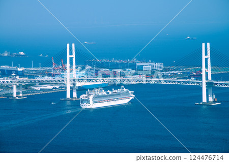 日本橫濱城市景觀 - 大黑碼頭的汽車運輸船和鑽石公主號離港的景色 124476714