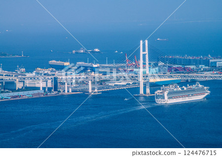 Yokohama cityscape in Japan - View of the car carrier at Daikoku Pier and the Diamond Princess departing 124476715