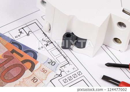Components for electric installations, construction diagrams, work tools and euro banknotes 124477002
