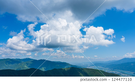 Many white clouds in the blue sky and mountains wrapped in greenery Many white clouds in the blue sky and mountains wrapped in greenery 124477110