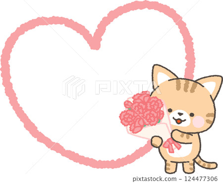 A cat holding a bouquet of carnations and a heart-shaped speech bubble 124477306