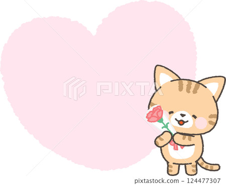 A cat holding a bouquet of carnations and a heart-shaped speech bubble 124477307