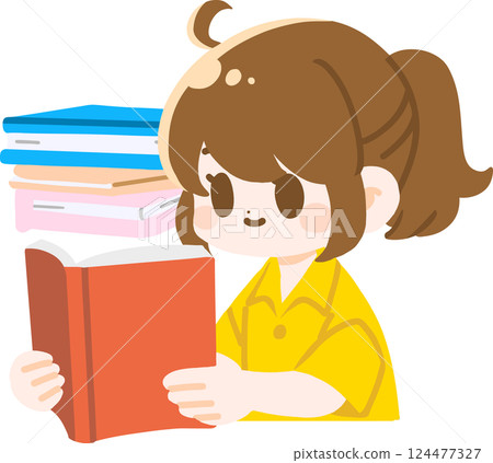 A woman with a ponytail reading a book, no main lines A woman with a ponytail reading a book, no main lines 124477327