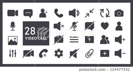 Icon Videocall. Set of basic symbols for video chat, business webinar or online communication. Phone, sound, microphone, camera, call buttons. Flat vector illustration 124477342