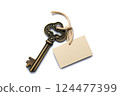 Gold vintage key with brown string and blank beige paper tag can inserting the text of the customer.on white background. Ai generated. 124477399