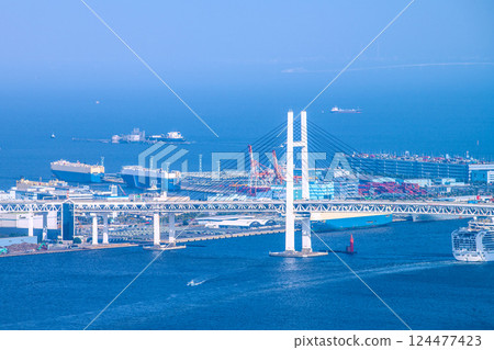 日本海關的橫濱城市景觀…東京灣被黃沙籠罩…大黑碼頭的汽車運輸船和公主號離港的景色 124477423