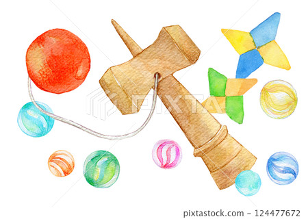Watercolor illustration: Playing with marbles and kendama Watercolor illustration: Playing with marbles and kendama 124477672