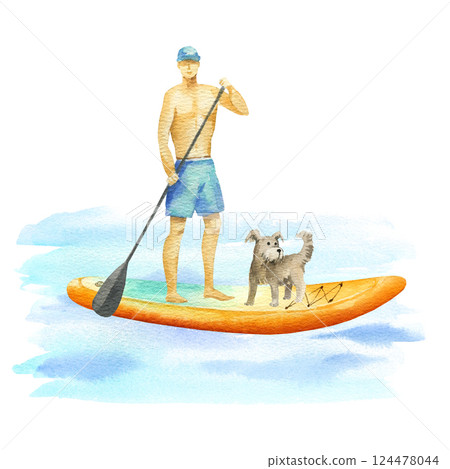 young man with dog swims on SUP board watercolor isolated illustration. Standup paddle boarder floating in sea water on summer vacation. Modern sports outdoor activity clipart in simple sketch style young man with dog swims on SUP board watercolor isolated illustration. Standup paddle boarder floating in sea water on summer vacation. Modern sports outdoor activity clipart in simple sketch style 124478044