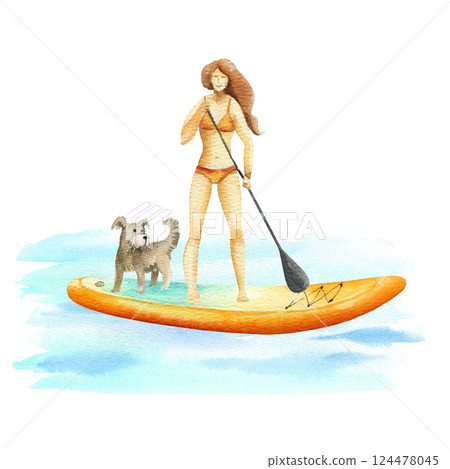 young girl and dog swims on SUP board watercolor isolated illustration. Standup paddle boarder floating in sea water on summer vacation. Modern sports outdoor activity clipart in simple sketch style young girl and dog swims on SUP board watercolor isolated illustration. Standup paddle boarder floating in sea water on summer vacation. Modern sports outdoor activity clipart in simple sketch style 124478045