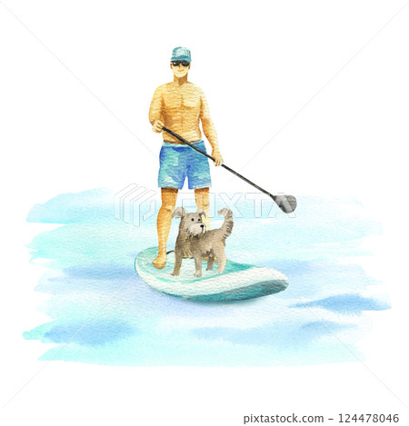 young man with dog swims on SUP board. Standup paddle boarder floating in sea water on summer vacation, watercolor isolated illustration. Modern sports outdoor activity clipart in simple sketch style 124478046