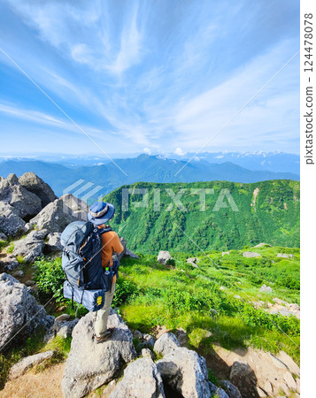 Hiuchi and Myoko mountain climbing in summer (view of Mt. Takatsuma and the Northern Alps from the southern peak of Mt. Myoko) Hiuchi and Myoko mountain climbing in summer (view of Mt. Takatsuma and the Northern Alps from the southern peak of Mt. Myoko) 124478078