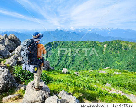 Hiuchi and Myoko mountain climbing in summer (view of Mt. Takatsuma and the Northern Alps from the southern peak of Mt. Myoko) Hiuchi and Myoko mountain climbing in summer (view of Mt. Takatsuma and the Northern Alps from the southern peak of Mt. Myoko) 124478082