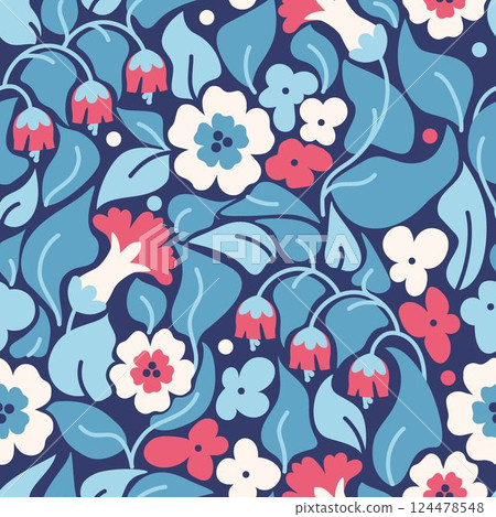 Bright, floral seamless print. Bold expressive energy and vibrant pattern. Seasonal blooming flower background for fashion, modern wallpapers, and statement fabrics 124478548