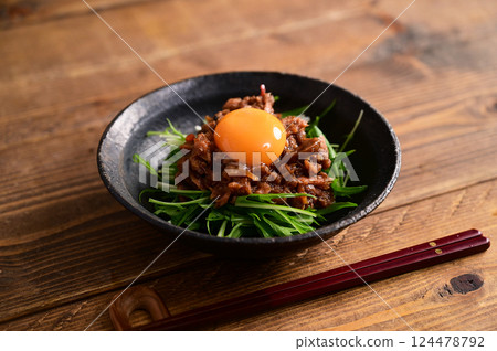 Mizuna and meat miso snack Mizuna and meat miso snack 124478792