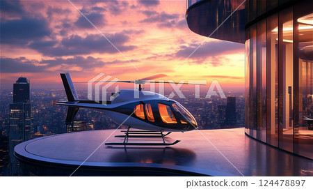 Helicopter on Tarmac at Sunset 124478897