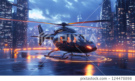 Helicopter on Tarmac at Sunset 124478898