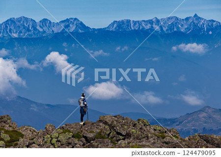 Climbers at the summit of Mt. Tateshina in the Yatsugatake Mountain Range and the Yari and Hotaka Mountain Ranges Climbers at the summit of Mt. Tateshina in the Yatsugatake Mountain Range and the Yari and Hotaka Mountain Ranges 124479095