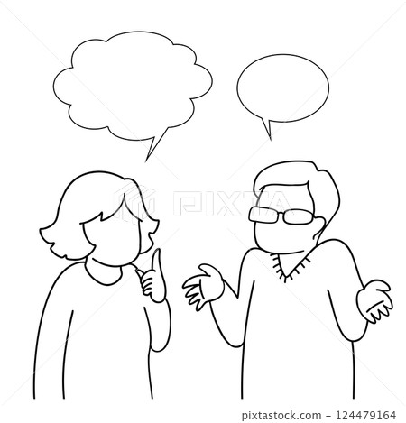 Line drawing illustration of a man and woman talking with speech bubbles 124479164