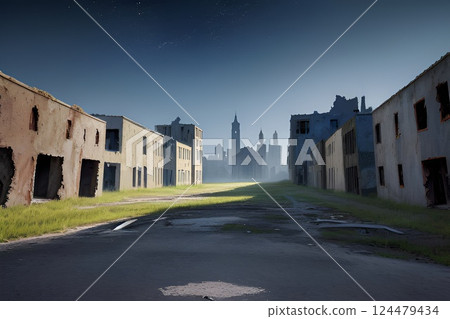 遊戲背景：黎明前的恐怖都市廢墟後巷街景 124479434