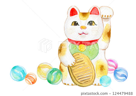Watercolor illustration: Marbles and beckoning cat Watercolor illustration: Marbles and beckoning cat 124479488