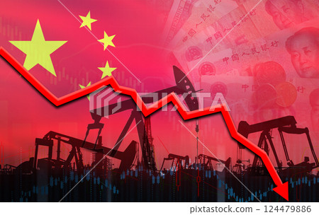 Oil crisis concept with china flag. Oil crisis with the flag of China on the economic graph Oil crisis concept with china flag. Oil crisis with the flag of China on the economic graph 124479886