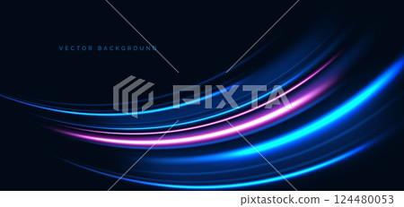 Hi-speed blue and pink neon curved beams rays on dark blue background. Speed motion moving concept. Hi-speed blue and pink neon curved beams rays on dark blue background. Speed motion moving concept. 124480053