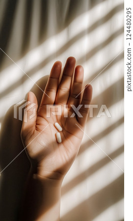 Hand with Pills in Sunlight 124480295