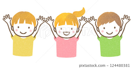 Three children raising their arms in the air 124480381