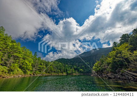 Summer scenery of the northern Yatsugatake mountains, Futagoike Pond and Oike Pond Summer scenery of the northern Yatsugatake mountains, Futagoike Pond and Oike Pond 124480411