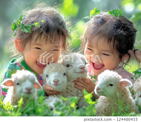 女孩們對小羊感到興奮 124480433