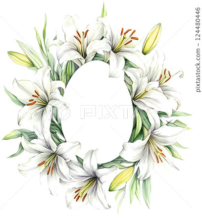 Watercolor Easter Lily flower frame in egg shape on transparent background. This is AI-generated item. Space for text. PNG Watercolor Easter Lily flower frame in egg shape on transparent background. This is AI-generated item. Space for text. PNG 124480446