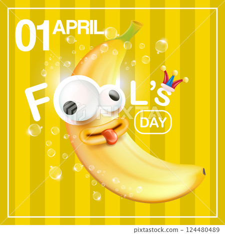 April Fools day funky square banner with silly banana character isolated on yellow background. 1 st april fool day banner, poster, label, flyer and greeting card April Fools day funky square banner with silly banana character isolated on yellow background. 1 st april fool day banner, poster, label, flyer and greeting card 124480489
