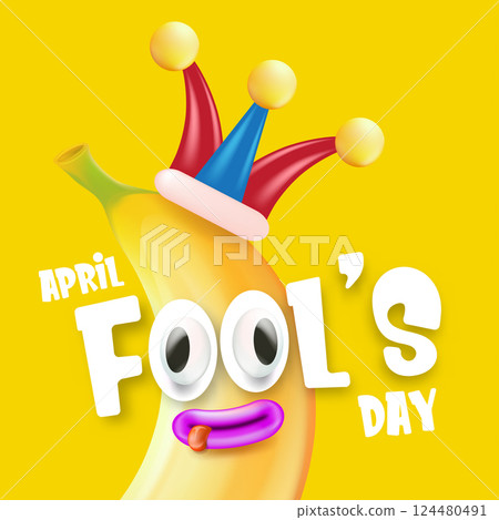 April Fools day funky square banner with silly banana character isolated on yellow background. 1 st april fool day banner, poster, label, flyer and greeting card 124480491