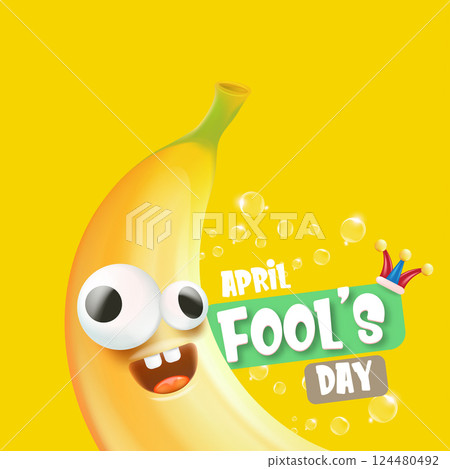 April Fools day funky square banner with silly banana character isolated on yellow background. 1 st april fool day banner, poster, label, flyer and greeting card April Fools day funky square banner with silly banana character isolated on yellow background. 1 st april fool day banner, poster, label, flyer and greeting card 124480492