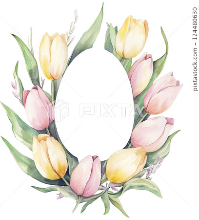 Watercolor Easter Tulip flower frame in egg shape on transparent background. This is AI-generated item. Space for text. PNG 124480630