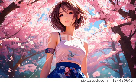 Cherry blossoms in full bloom and young women 124480646