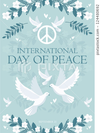Flowers and Doves for International Peace Day Flyer Design in Pastel Colours Flowers and Doves for International Peace Day Flyer Design in Pastel Colours 124480692