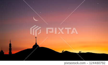 Musque Dome Night Building with Sky Moon Sunset Background Mubaruk Greeting Islam Ramadan Element Masjid Aqsa Hajj Kaaba Umrah Eid Arabian Religion Islamic Muhammad Arab Muslim Greeting. 124480792