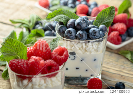 Homemade curd cheese served with fresh blueberries and raspberries. Homemade curd cheese served with fresh blueberries and raspberries. 124480963