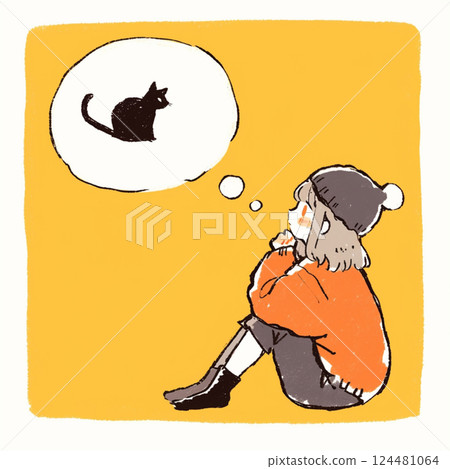 [Speech bubble] Girl thinking about cats 124481064