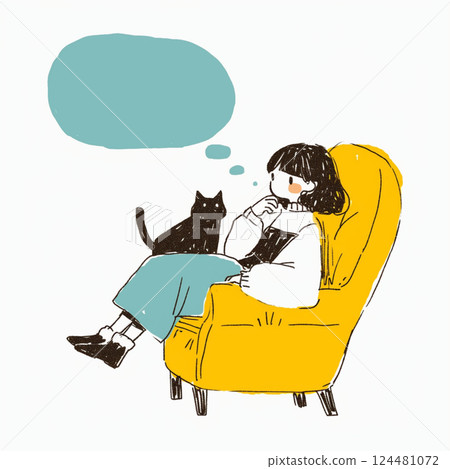 [Speech bubble] Sitting girl and black cat with speech bubble 124481072