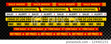 Sale line set with warning tapes, alert symbols, fire sale, low prices. Promotes urgency, grabs attention. Marketing, ecommerce, retail promo visuals. Vector illustration 124481231
