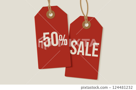 Red Sale Tags with 50 percent discount. Perfect for ecommerce, banners, posters, ads. Attention grabbing promo for sales campaigns, online banners, retail posters. Vector illustration. 124481232