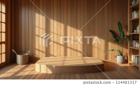 Minimalist wooden interior with natural sunlight and warm shadows, creating a cozy and serene ambiance 124481317