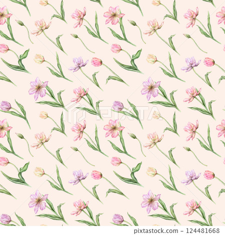 Seamless pattern of pastel pink light violet yellow bud Tulips watercolor illustration isolated on background. Hand drawn delicate spring perennial bulbous flower for spring wedding repeat design 124481668