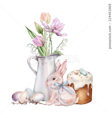 Watercolor hand drawn Illustration of Bunny or rabbit and Kulich with Icing and Sprinkles. Colored Chicken and quail eggs and Traditional Easter cake. Bouquet of tulips and lily of the valley in jug. 124481669