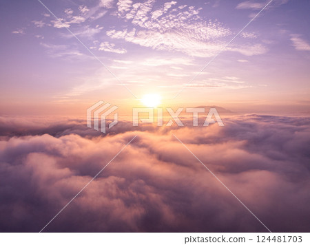 Drone aerial view of landscape fog over mountains in sunrise sky,High angle view over countryside at Southeast asia,Phang Nga Thailand,Wide angle view nature landscape 124481703