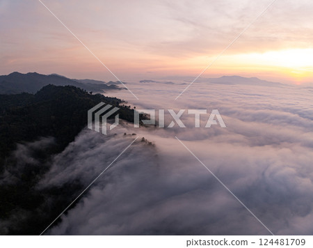 Aerial view Beautiful natural landscape Rainforest mountains in the sunrise or sunset time,Natural scenery tropical forest and fog in asia,Wide angle view drone shot 124481709