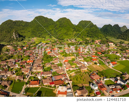 High angle view image building in countryside at northern Vietnam High angle view image building in countryside at northern Vietnam 124481710